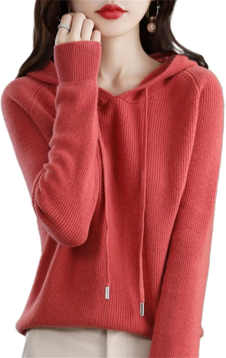 Womens Cashmere with Pullovers,Winter Casual Knitting Hoodie Fashion Sweater,Fall Drawstring Thick Sweater