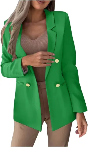 Womens Casual Blazer Jacket Slim Fit Simple Double Breasted Blazers Notched Collar Long Sleeve Work Office Jackets