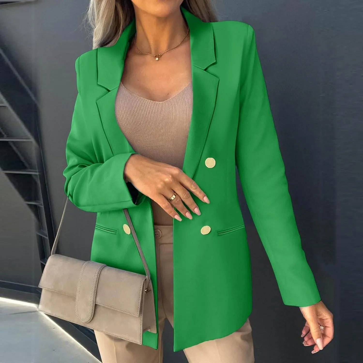 Womens Casual Blazer Jacket Slim Fit Simple Double Breasted Blazers Notched Collar Long Sleeve Work Office Jackets