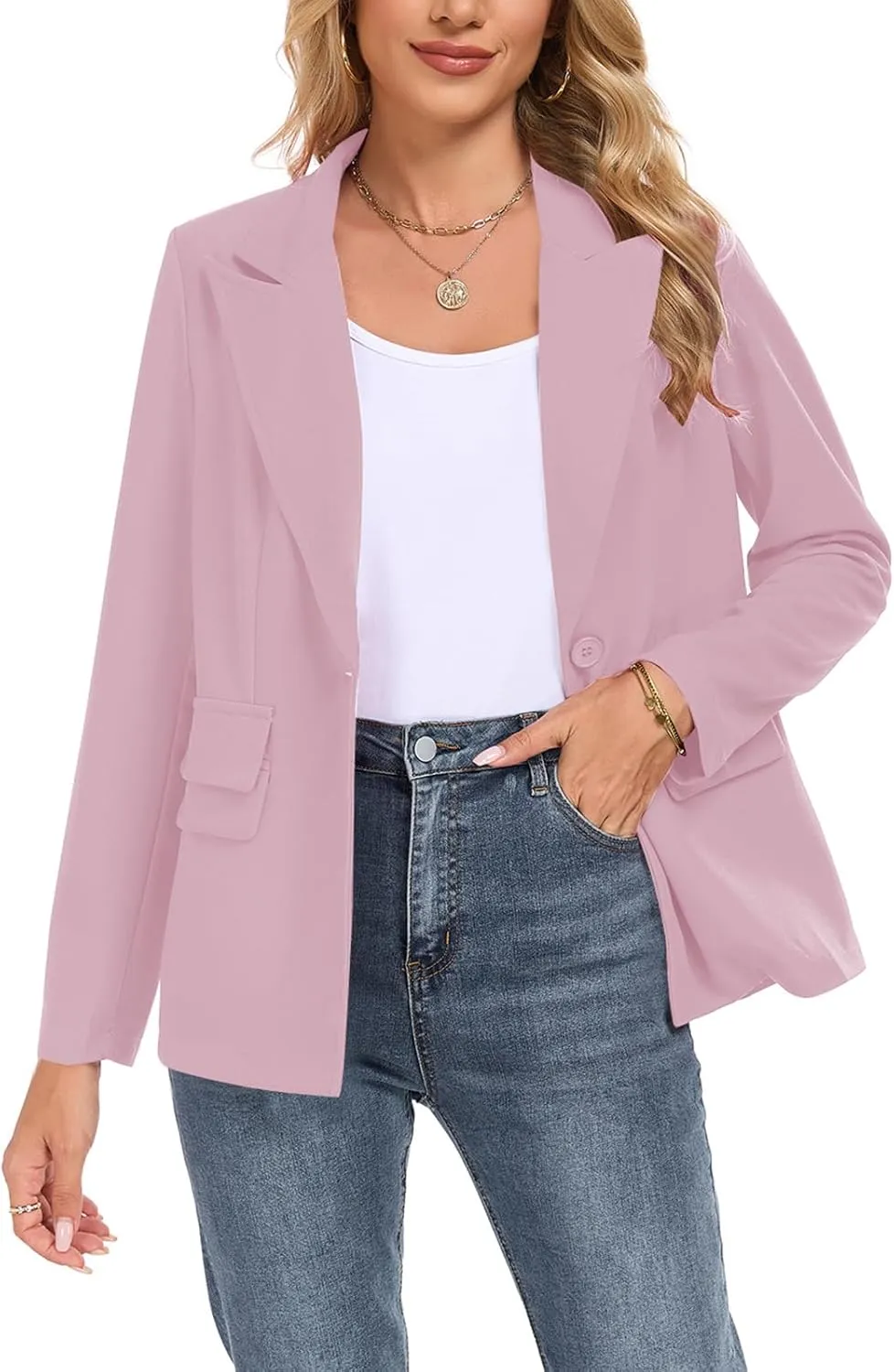 Womens Casual Blazer Long Sleeve Open Front Lapel Button Blazers Work Office Blazer Jacket with Pockets
