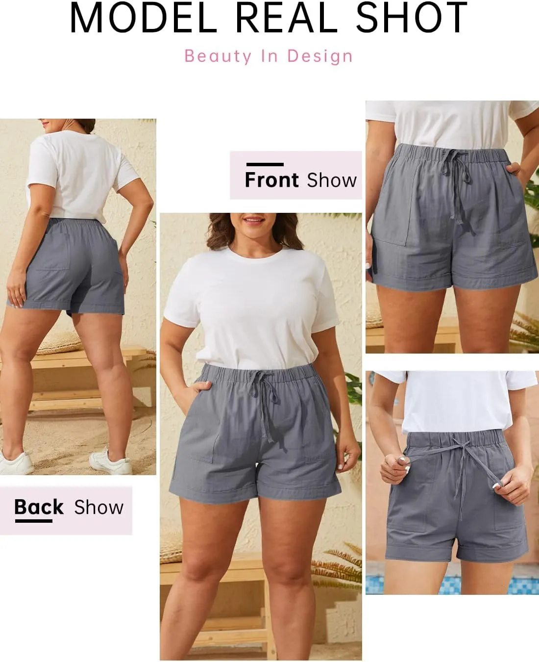 Womens Elastic Waist Drawstring Shorts Beach Shorts Lightweight Athletic Shorts Comfy Short Pants with Pockets