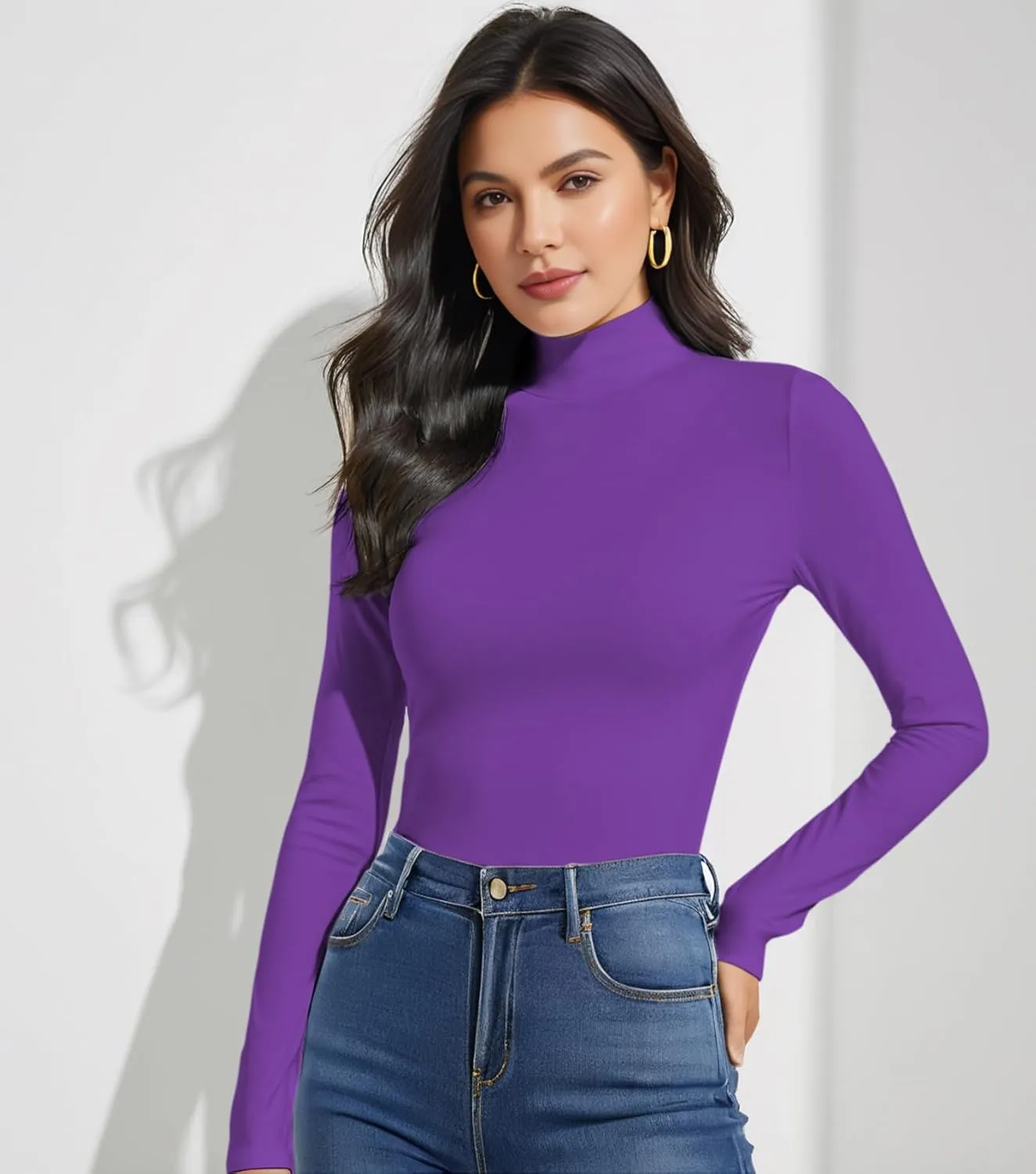 Women's Long Sleeve Mock Turtleneck Tops, Lightweight Baselayer Shirts, High Neck Pullover Undershirts Stretchy