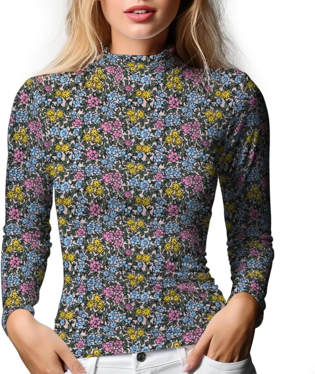 Women's Long Sleeve Mock Turtleneck Tops, Lightweight Baselayer Shirts, High Neck Pullover Undershirts Stretchy