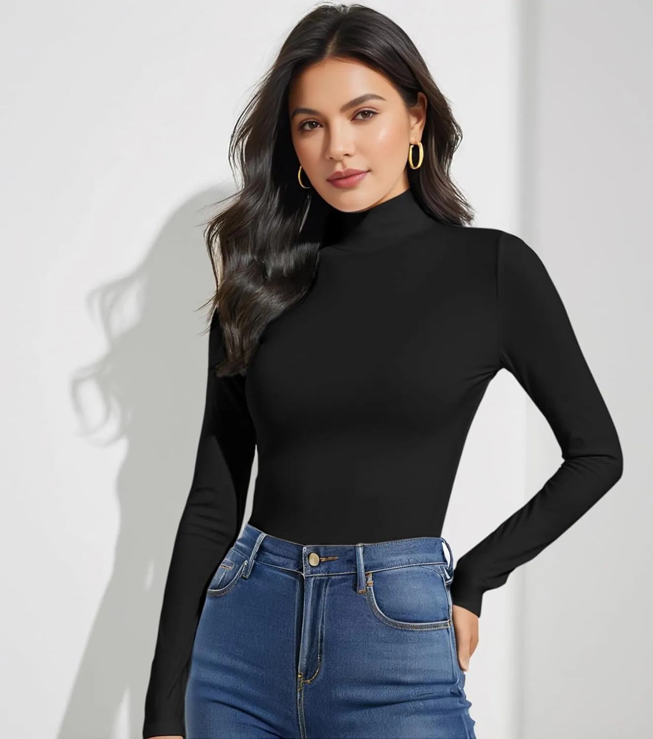 Women's Long Sleeve Mock Turtleneck Tops, Lightweight Baselayer Shirts, High Neck Pullover Undershirts Stretchy