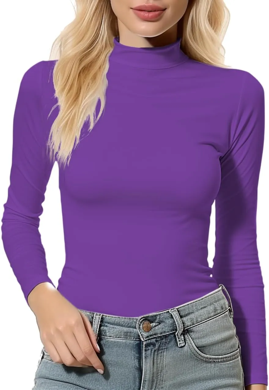Women's Long Sleeve Mock Turtleneck Tops, Lightweight Baselayer Shirts, High Neck Pullover Undershirts Stretchy