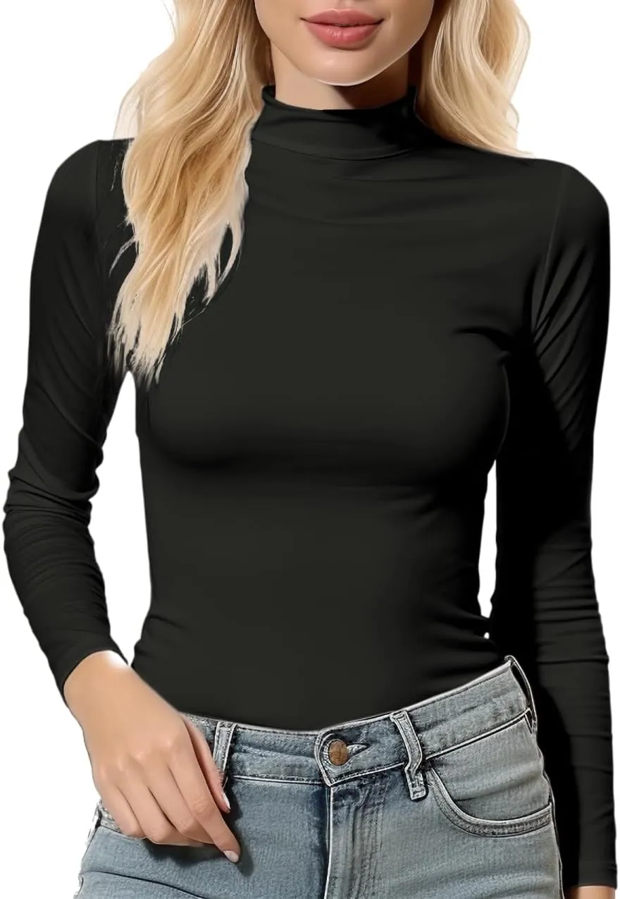 Women's Long Sleeve Mock Turtleneck Tops, Lightweight Baselayer Shirts, High Neck Pullover Undershirts Stretchy