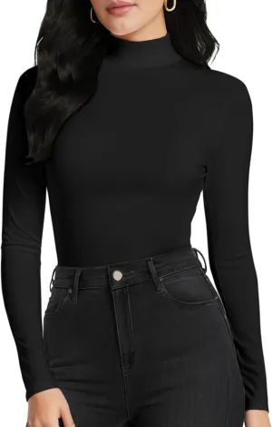 Women's Long Sleeve Mock Turtleneck Tops, Lightweight Baselayer Shirts, High Neck Pullover Undershirts Stretchy
