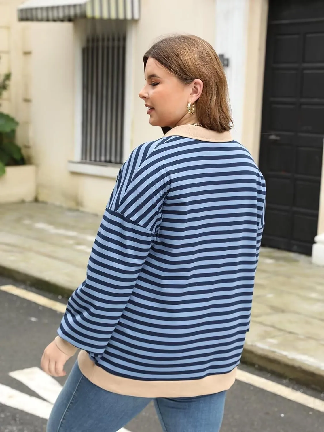 Womens Plus Size Striped Sweatshirts Long Sleeve Lapel Collared Casual Soft Pullover Tops Shirts
