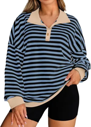 Womens Plus Size Striped Sweatshirts Long Sleeve Lapel Collared Casual Soft Pullover Tops Shirts