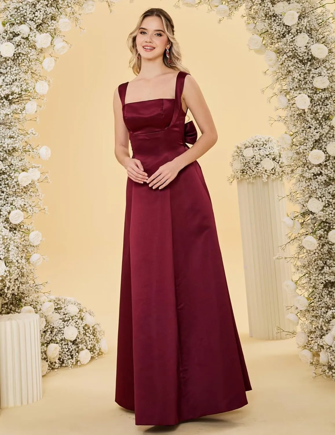Womens Spaghetti Straps Satin Prom Dresses with Bow A Line Square Neck Maxi Dress Formal Evening Ball Gown