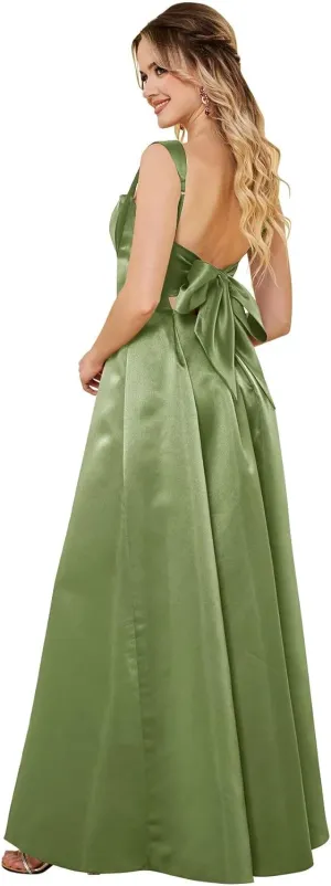 Womens Spaghetti Straps Satin Prom Dresses with Bow A Line Square Neck Maxi Dress Formal Evening Ball Gown