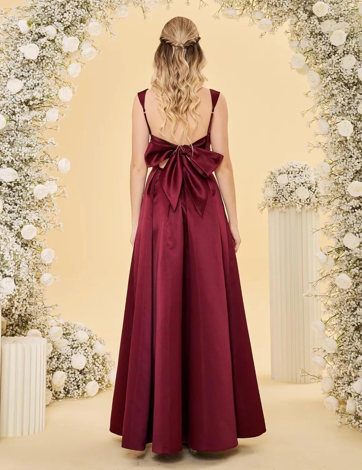 Womens Spaghetti Straps Satin Prom Dresses with Bow A Line Square Neck Maxi Dress Formal Evening Ball Gown