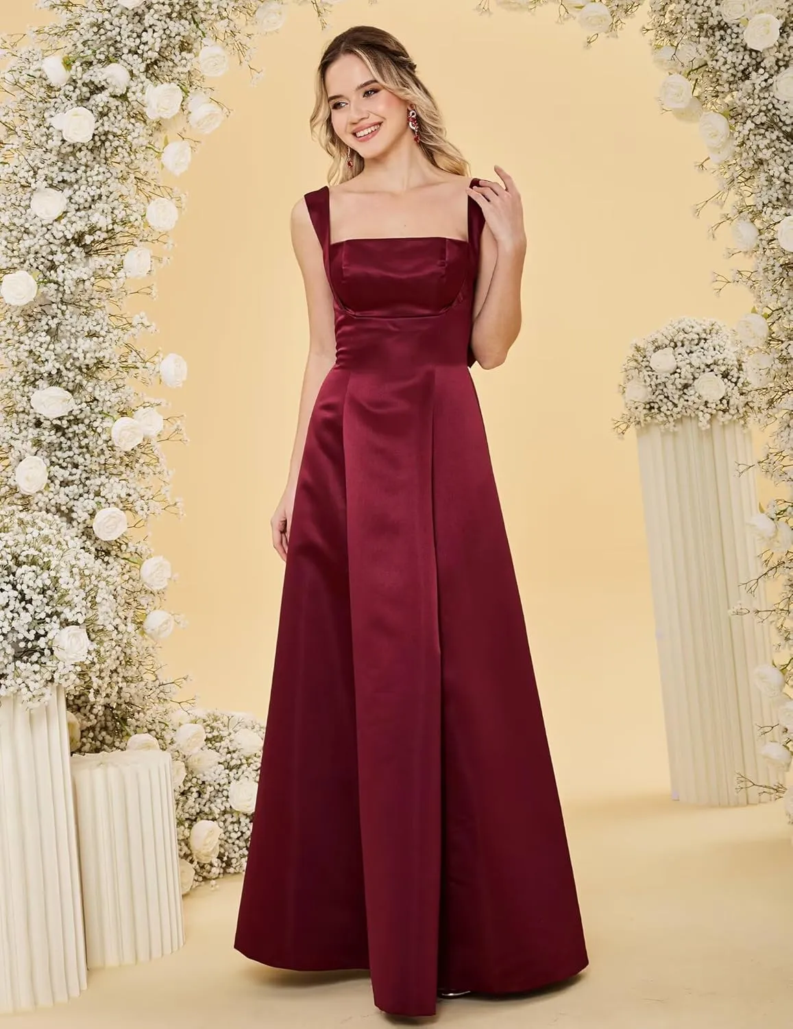 Womens Spaghetti Straps Satin Prom Dresses with Bow A Line Square Neck Maxi Dress Formal Evening Ball Gown