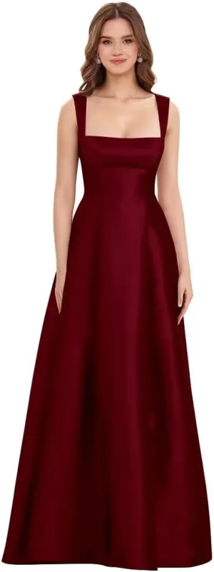 Womens Spaghetti Straps Satin Prom Dresses with Bow A Line Square Neck Maxi Dress Formal Evening Ball Gown
