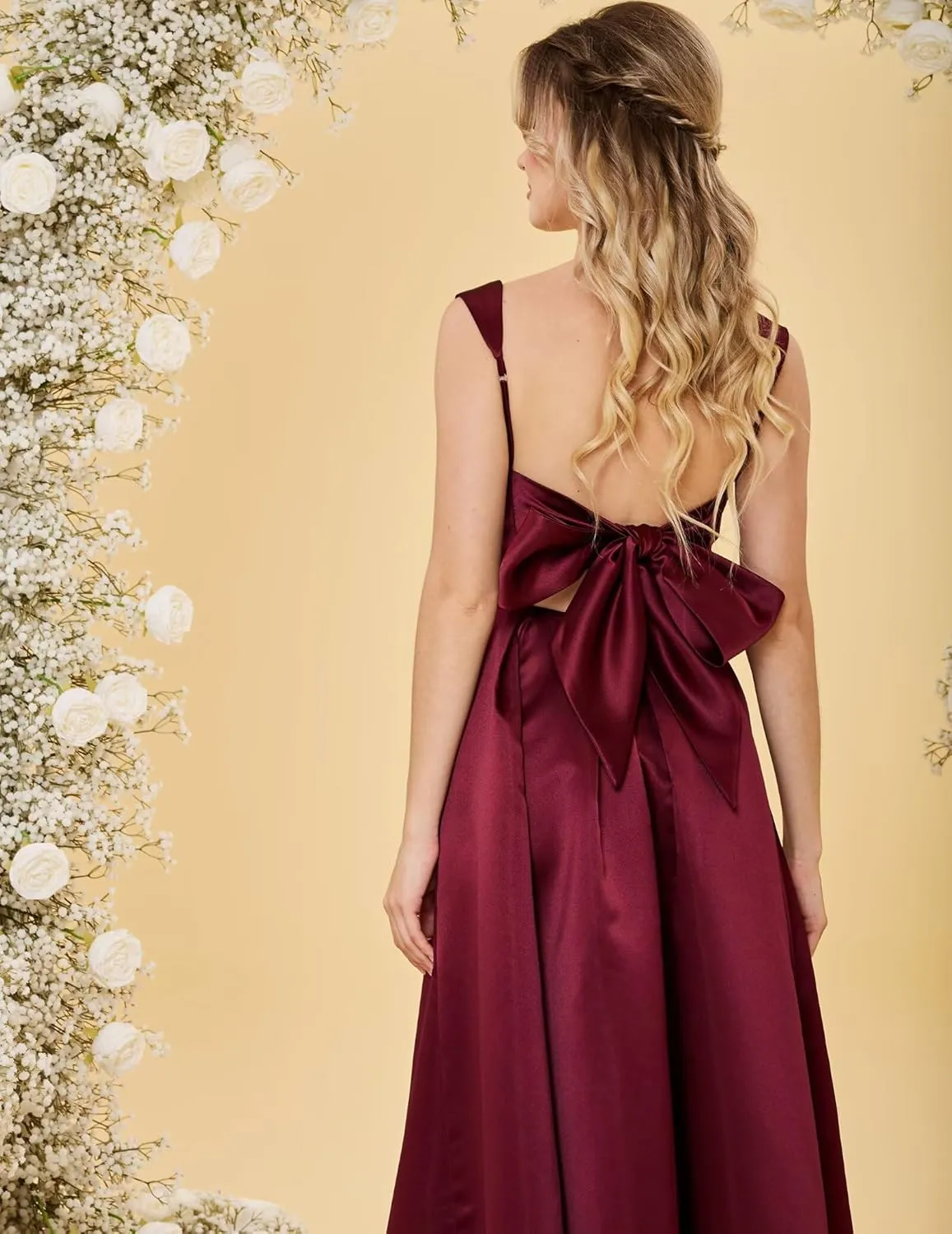 Womens Spaghetti Straps Satin Prom Dresses with Bow A Line Square Neck Maxi Dress Formal Evening Ball Gown