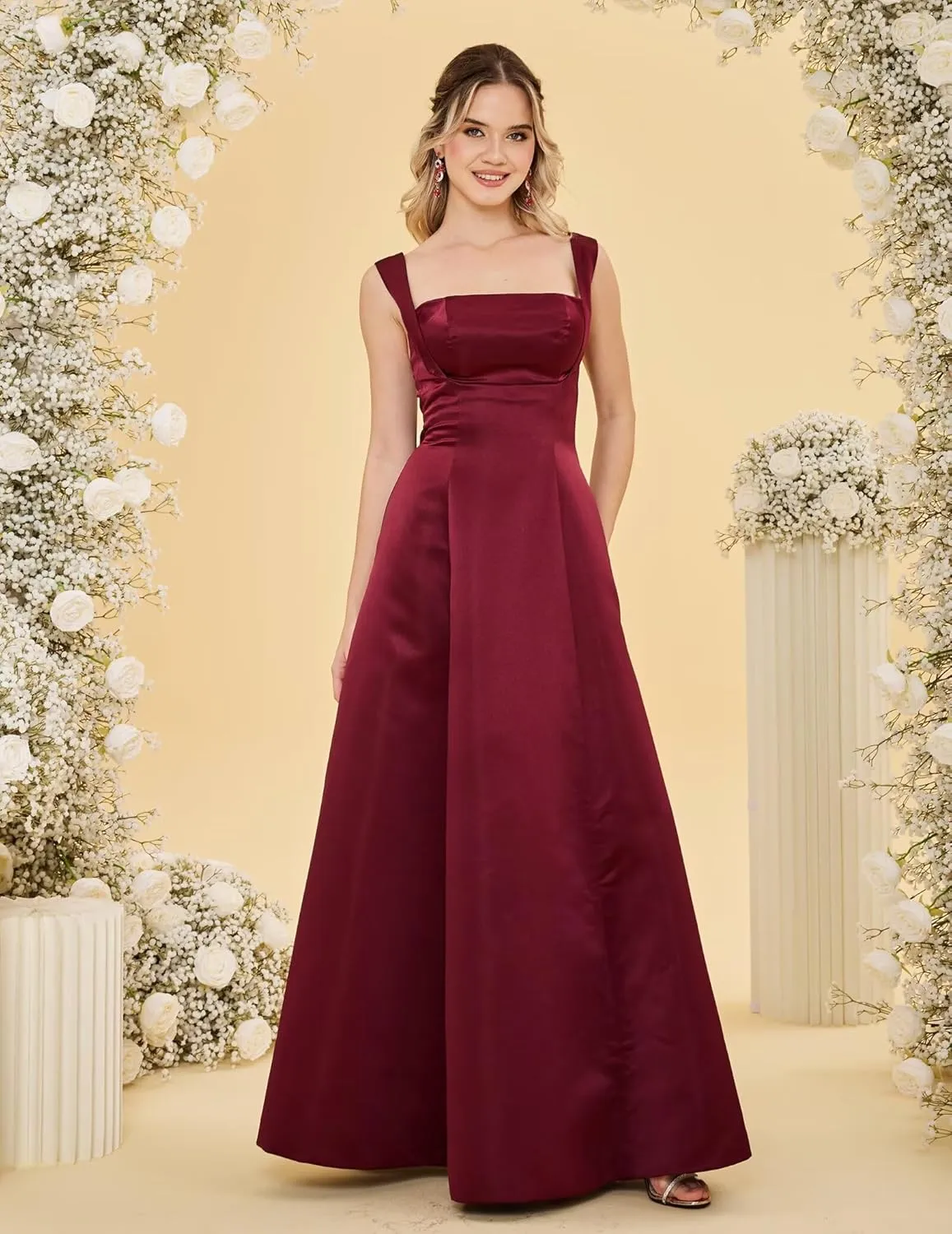 Womens Spaghetti Straps Satin Prom Dresses with Bow A Line Square Neck Maxi Dress Formal Evening Ball Gown