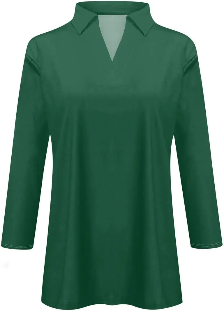 Womens Tops Casual 3/4 Sleeve Shirts V Neck Polo Cute Tops Loose Collared Blouse Three Quarter Sleeve Soft Basic Tees