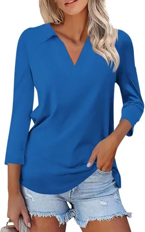 Womens Tops Casual 3/4 Sleeve Shirts V Neck Polo Cute Tops Loose Collared Blouse Three Quarter Sleeve Soft Basic Tees