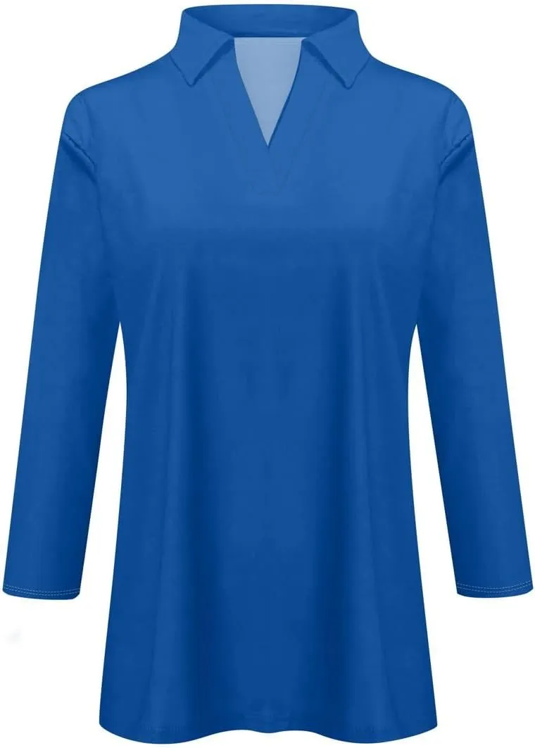 Womens Tops Casual 3/4 Sleeve Shirts V Neck Polo Cute Tops Loose Collared Blouse Three Quarter Sleeve Soft Basic Tees