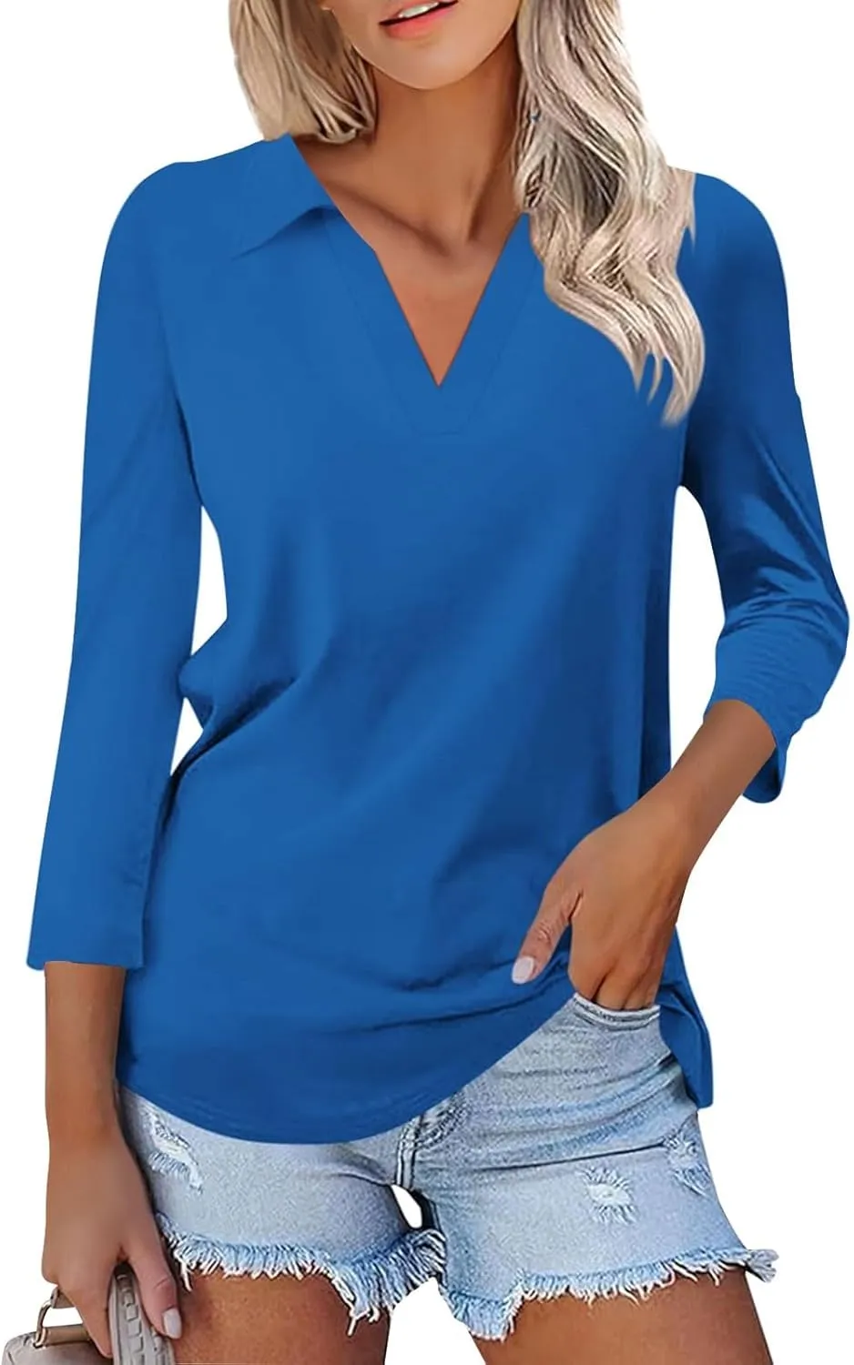 Womens Tops Casual 3/4 Sleeve Shirts V Neck Polo Cute Tops Loose Collared Blouse Three Quarter Sleeve Soft Basic Tees
