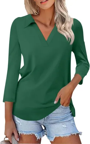 Womens Tops Casual 3/4 Sleeve Shirts V Neck Polo Cute Tops Loose Collared Blouse Three Quarter Sleeve Soft Basic Tees
