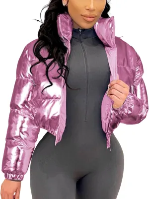 Wyeysyt Women's Metallic Y2K Cropped Puffer Jacket Quilted Shiny Winter Bubble Padded Puffy Jacket Stand Collar Zip Up Coat