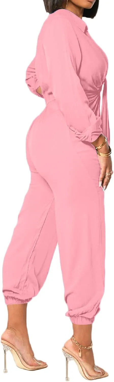 Xinlees Women's Elegant Jumpsuit Casual Long Sleeve Solid Straight Trousers Business Romper Stretchy Ankle Cuffs