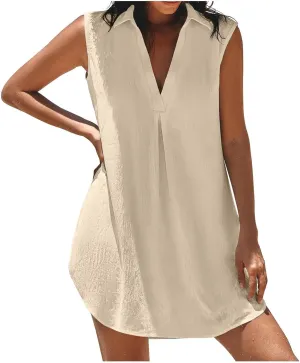 XOWRTE Womens Casual Cotton Linen Mini Dress Summer Dresses Lapel V Neck Sleeveless Tank Dress Pleated Flowy Sundress 2025