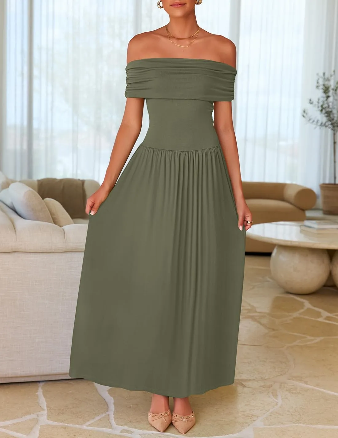 ZESICA Women's Off The Shoulder Maxi Dress 2025 Summer Sleeveless Casual Slim Swing Pleated Formal Party Dresses