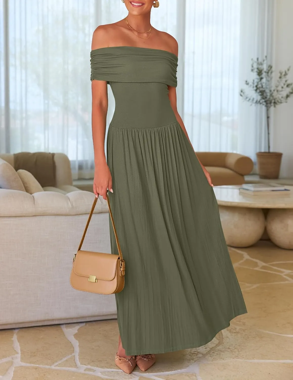 ZESICA Women's Off The Shoulder Maxi Dress 2025 Summer Sleeveless Casual Slim Swing Pleated Formal Party Dresses