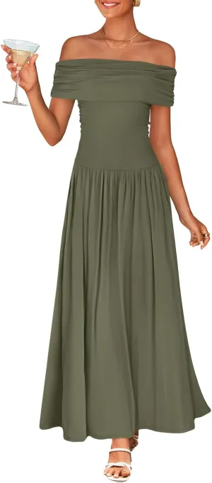ZESICA Women's Off The Shoulder Maxi Dress 2025 Summer Sleeveless Casual Slim Swing Pleated Formal Party Dresses