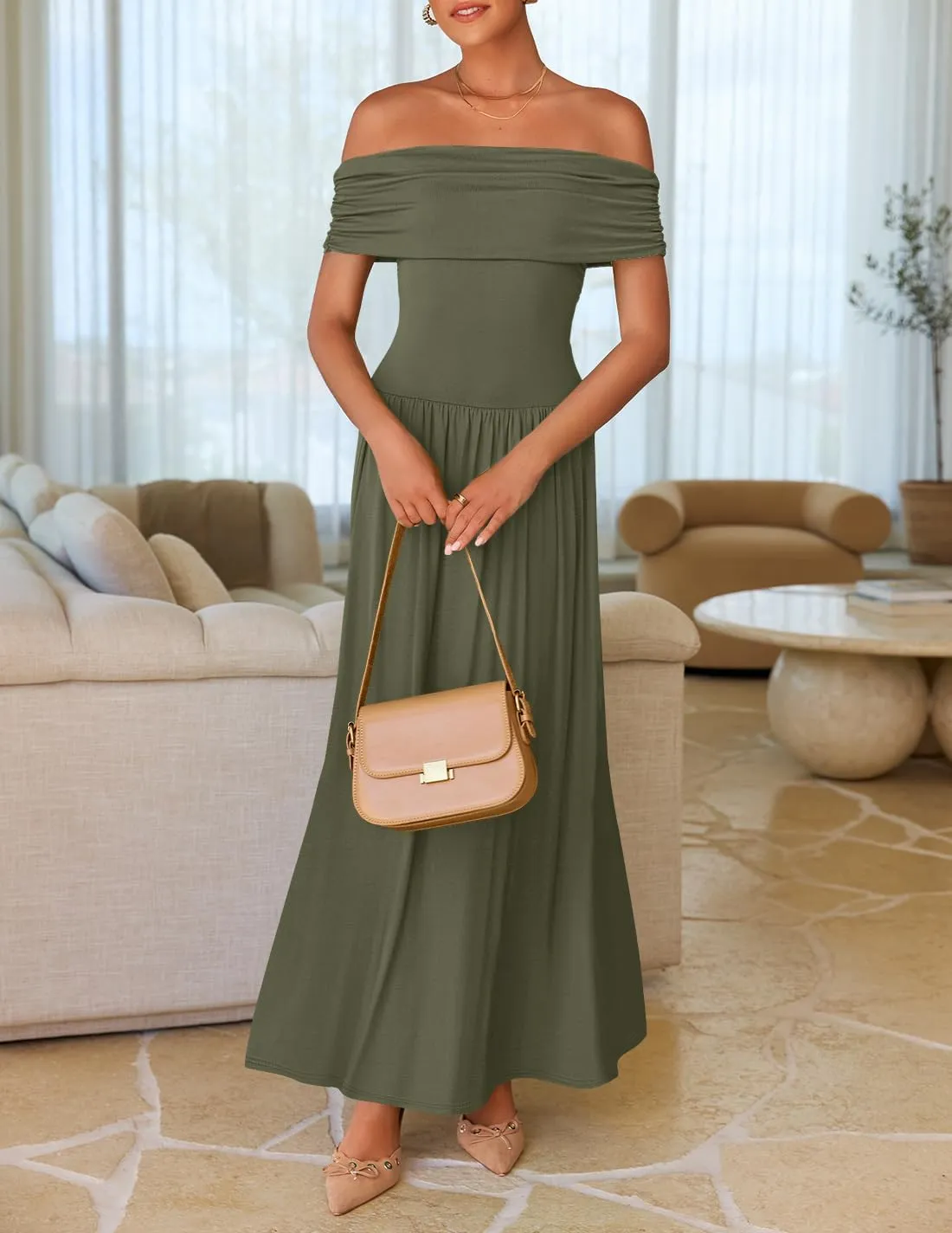 ZESICA Women's Off The Shoulder Maxi Dress 2025 Summer Sleeveless Casual Slim Swing Pleated Formal Party Dresses