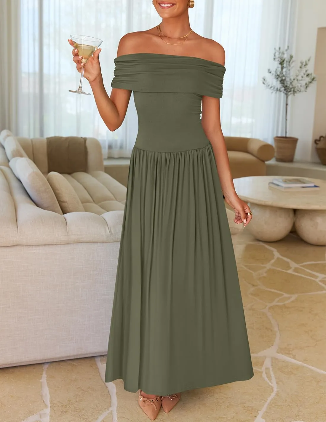 ZESICA Women's Off The Shoulder Maxi Dress 2025 Summer Sleeveless Casual Slim Swing Pleated Formal Party Dresses