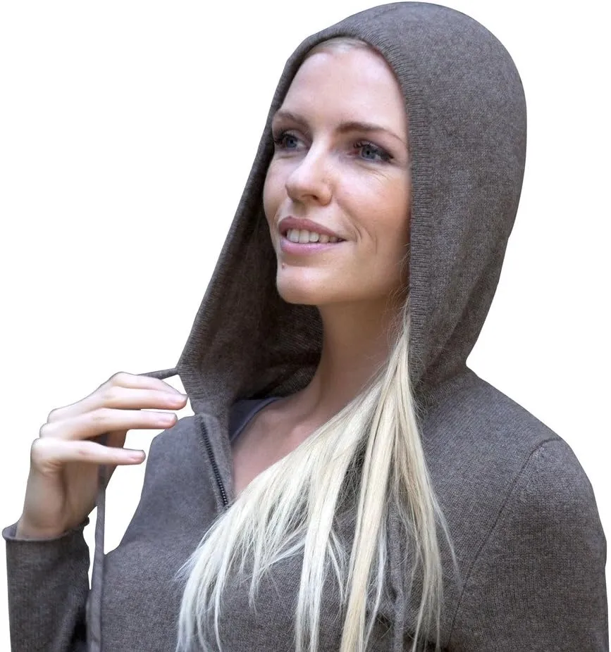 Zip-Up Hoodie for Women - 100% Tibetan Yak Wool Hand-Knitted Comfy Wool Sweater With Drawstring and Pockets